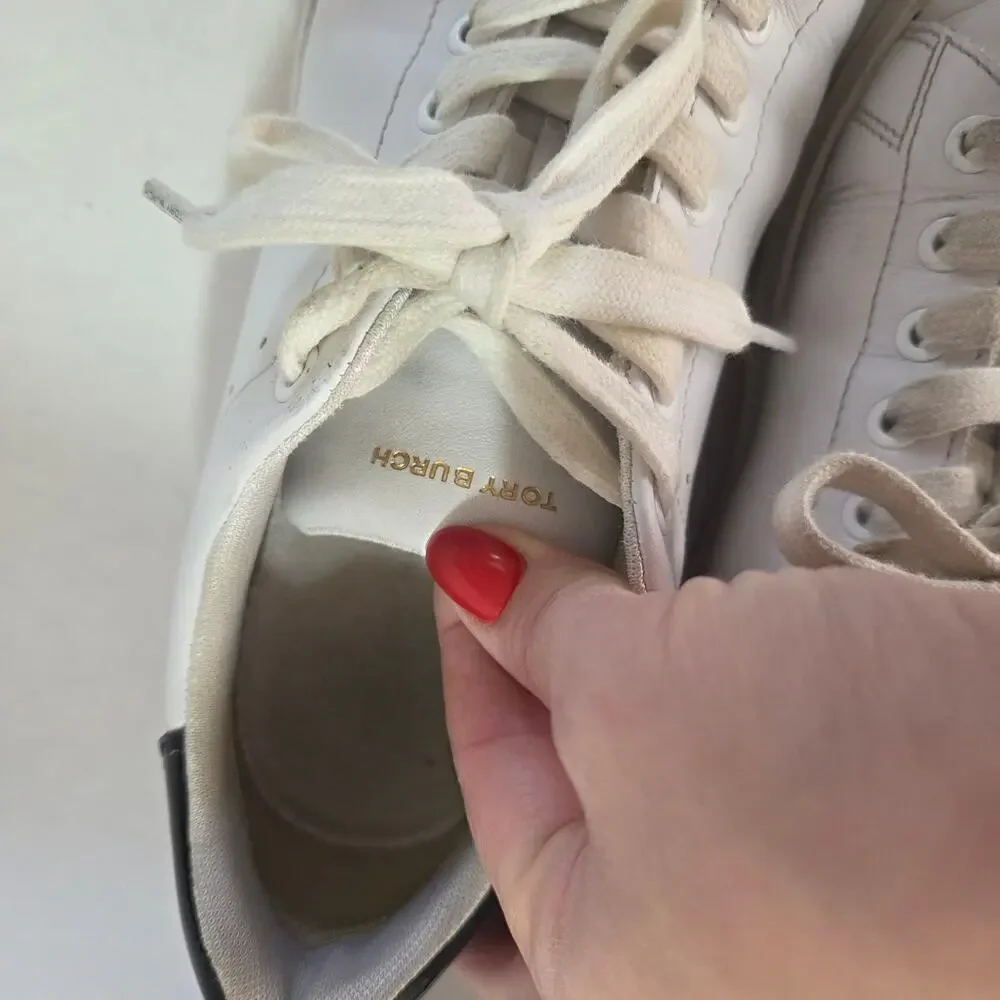 Tory Burch Howell Court Low Top Leather Sneakers Titanium White Black Sz 8